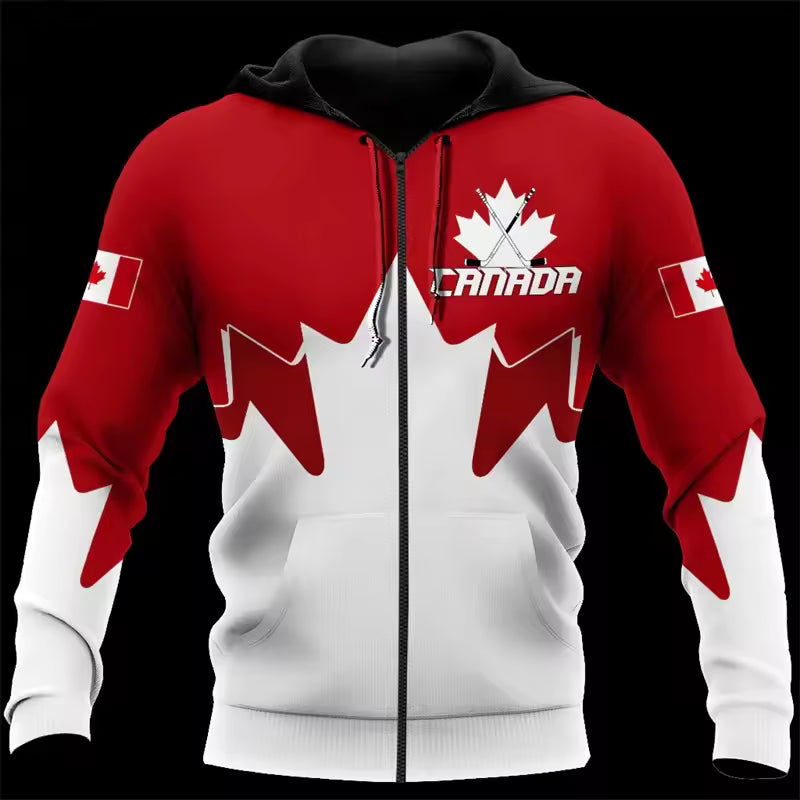 Canada Flag Red Hoodie Unisex Canada Maple Leaf Zip Hoodie All Over Print