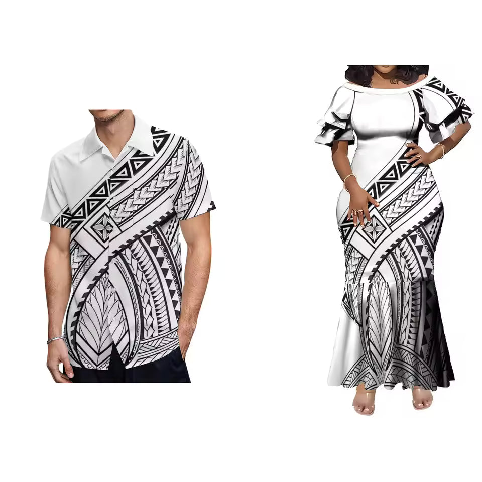 Traditional Polynesian Tribal White Pattern Matching Outfit For Couple Island Matching Outfit Short Sleeve Mermaid Long Dress And Hawaii Shirt Couple Set