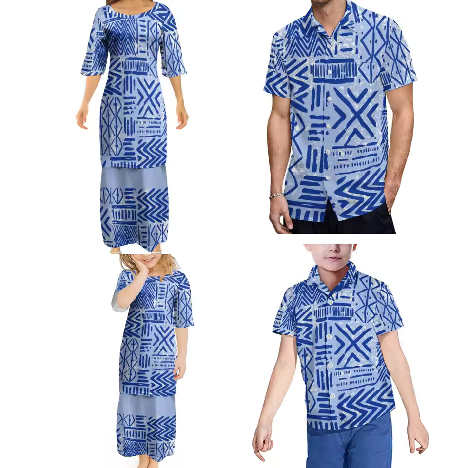 Blue Polynesian Retro Tribal Pattern Ethnic Women's Puletasi Men'S Shirt Adult Children Samoan Matching Outfit For Family Clothing