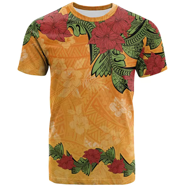 Polynesian Hibiscus Flowers Pattern T-Shirt Polynesian Tribal Island Pattern Printed Shirt