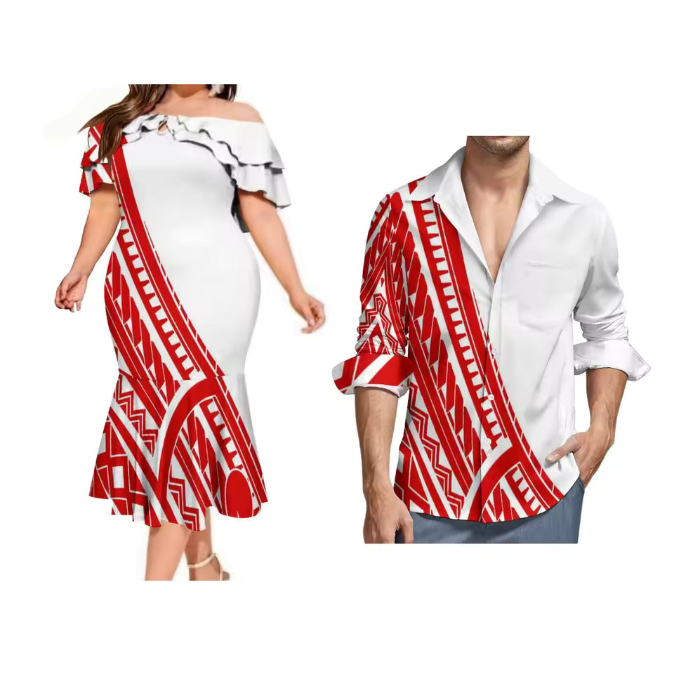 Polyensian Tribal Red White Matching Couple Outfit Women's Teardrop Neck Ruffle Neck Ruffled Long Dress Men'S Tropical Shirt