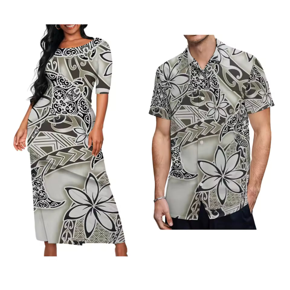Pacific Islands Flowers Polynesian Tribal Pattern Matching Outfit For Couple Puletasi Dress Polynesian Pattern Shirts Couple Set