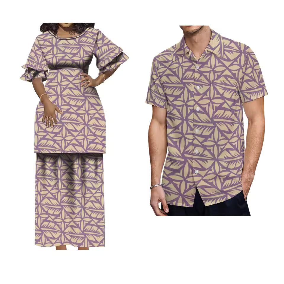 Polynesian Tribal Pattern Matching Outfit Crewneck Casual Puletasi Double layer Horn Sleeve Dress and Hawaii Shirt Island Couple Set