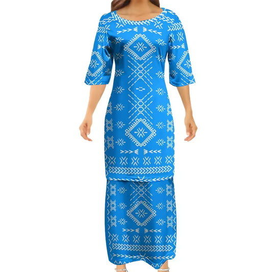 Samoan Blue Puletasi Polynesian Tattoo Pattern Matching Outfit For Couple Women Dresses lady Design Dress Matching Men's Short-Sleeved Shirts Couple Suit
