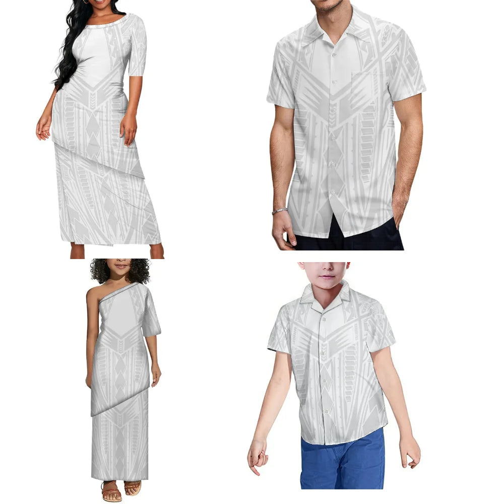Polynesian Pattern Matching Outfit For Family White Puletasi Dress Set White Long Dress And Shirt For Her Him