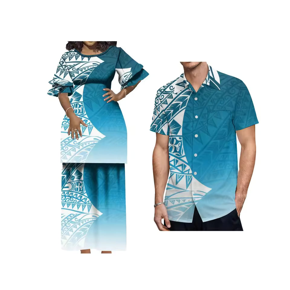 Tropical Polynesian Tribal Pattern Matching Outfit For Her Him Polynesian Tribal Crewneck Casual Island Puletasi Double layer Horn Sleeve Dress and Hawaii Shirt Couple Set