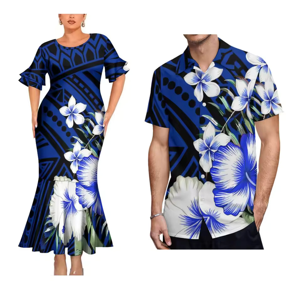 Matching For Couple Outfit Polynesian Plumeria Flowers Blue Pattern Women'S Short-Sleeved Dress Party Hawaiian Shirt For Men