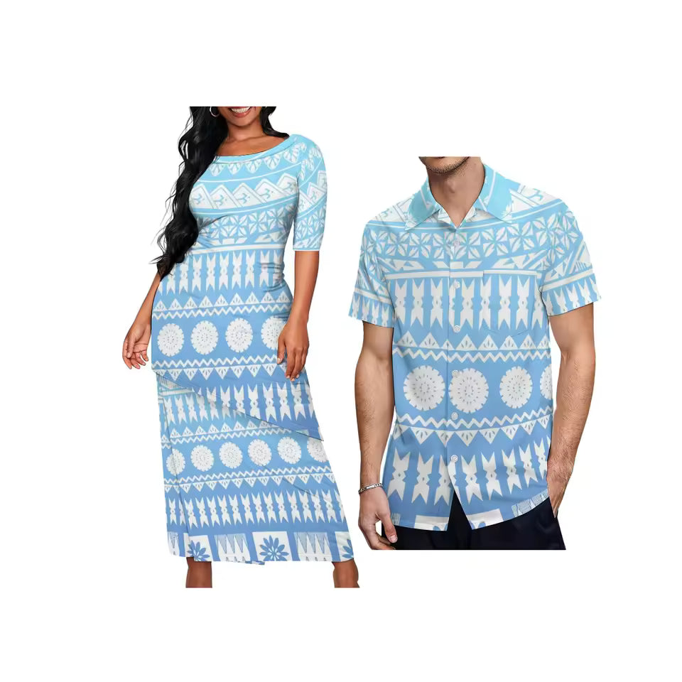 Polynesian Tribal Pattern Blue Couple Matching Outfit For Her Him Printed Samoa Puletasi Dress Two-Piece Suit With Men's Shirt Outfit Set