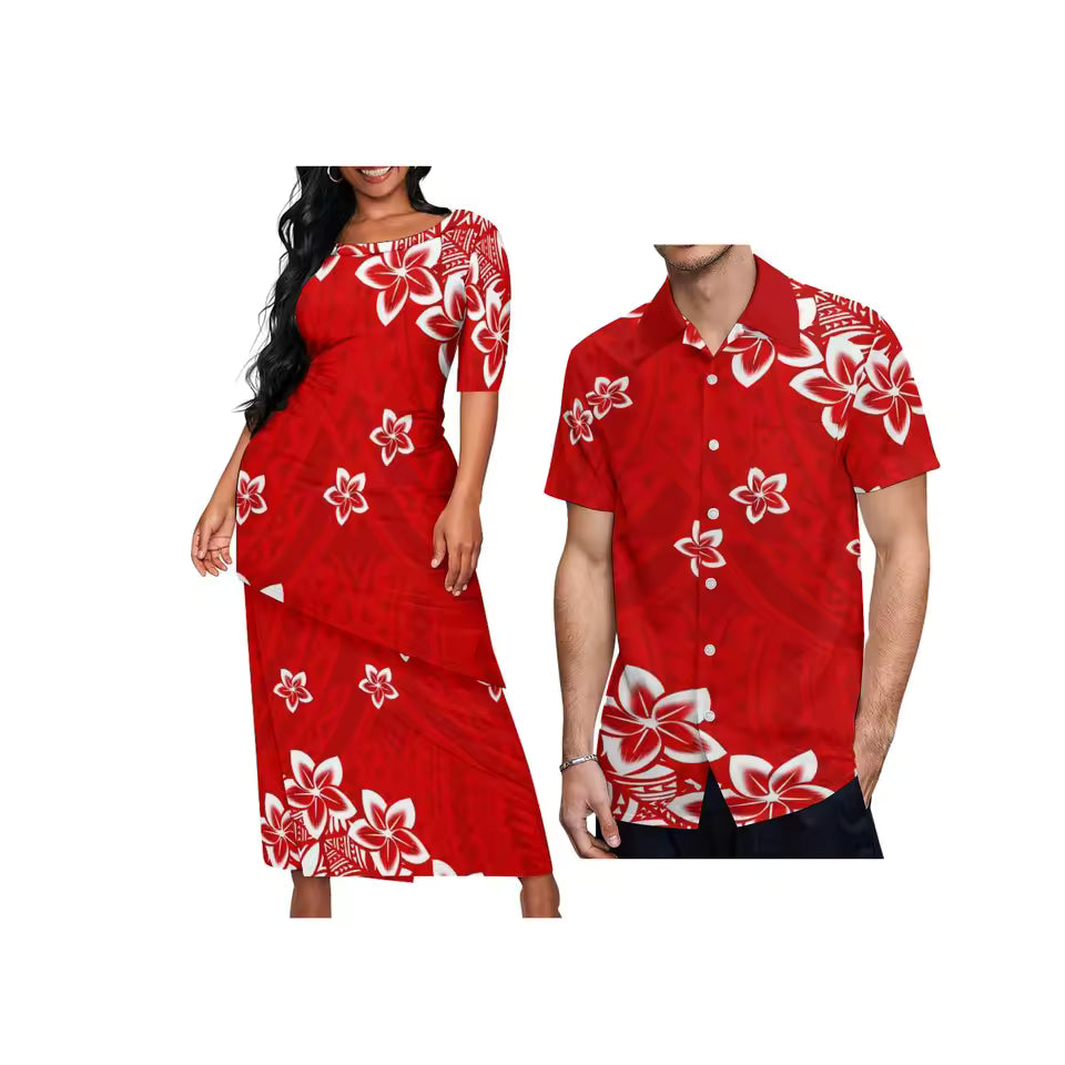 Polynesian Tribal Flowers Pattern Red Couple Matching Outfit For Her Him Printed Samoa Puletasi Dress Two-Piece Suit With Men's Shirt Outfit Set