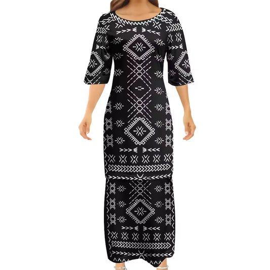 Samoan Black Puletasi Polynesian Tattoo Pattern Matching Outfit For Couple Women Dresses lady Design Dress Matching Men's Short-Sleeved Shirts Couple Suit