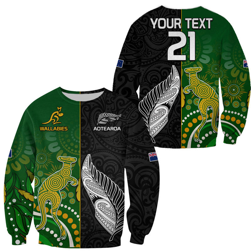 Custom Personalised Aotearoa Rugby All Black Combine Australia Wallabies Sweater Aboriginal Kangaroo And Maori Fern