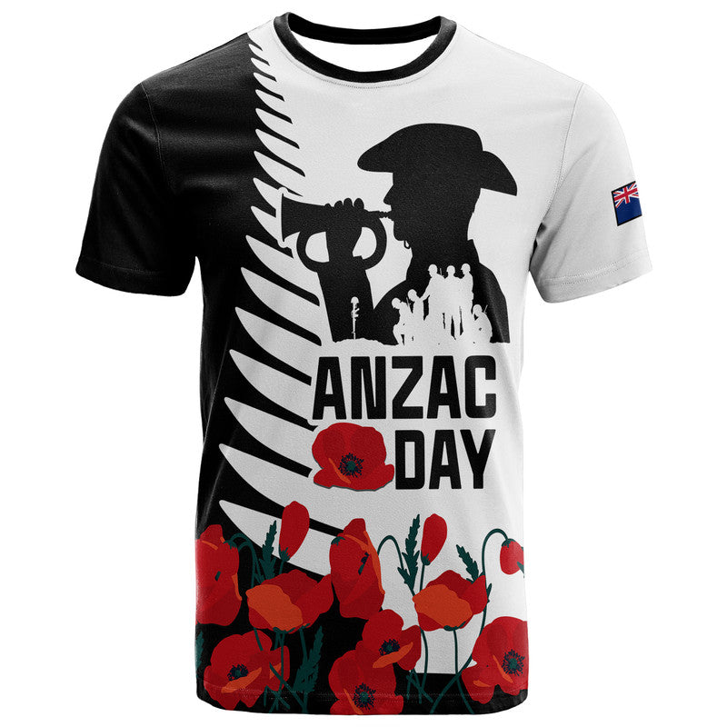 New Zealand Anzac Day T Shirt Military Silver Ferns And Red Poppy