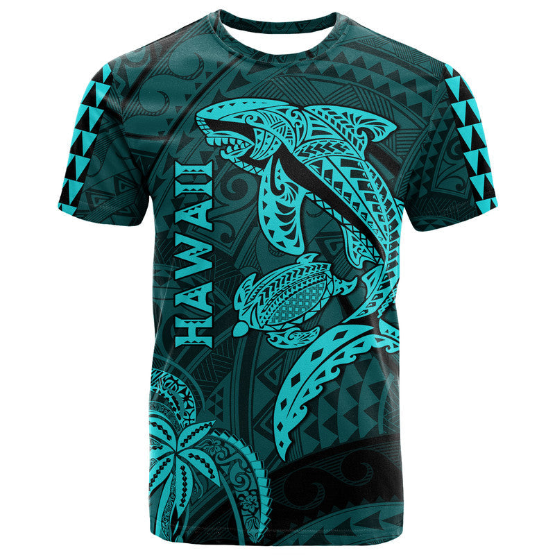 Hawaii T Shirt Shark and Turtle Mix Kakau Turquoise