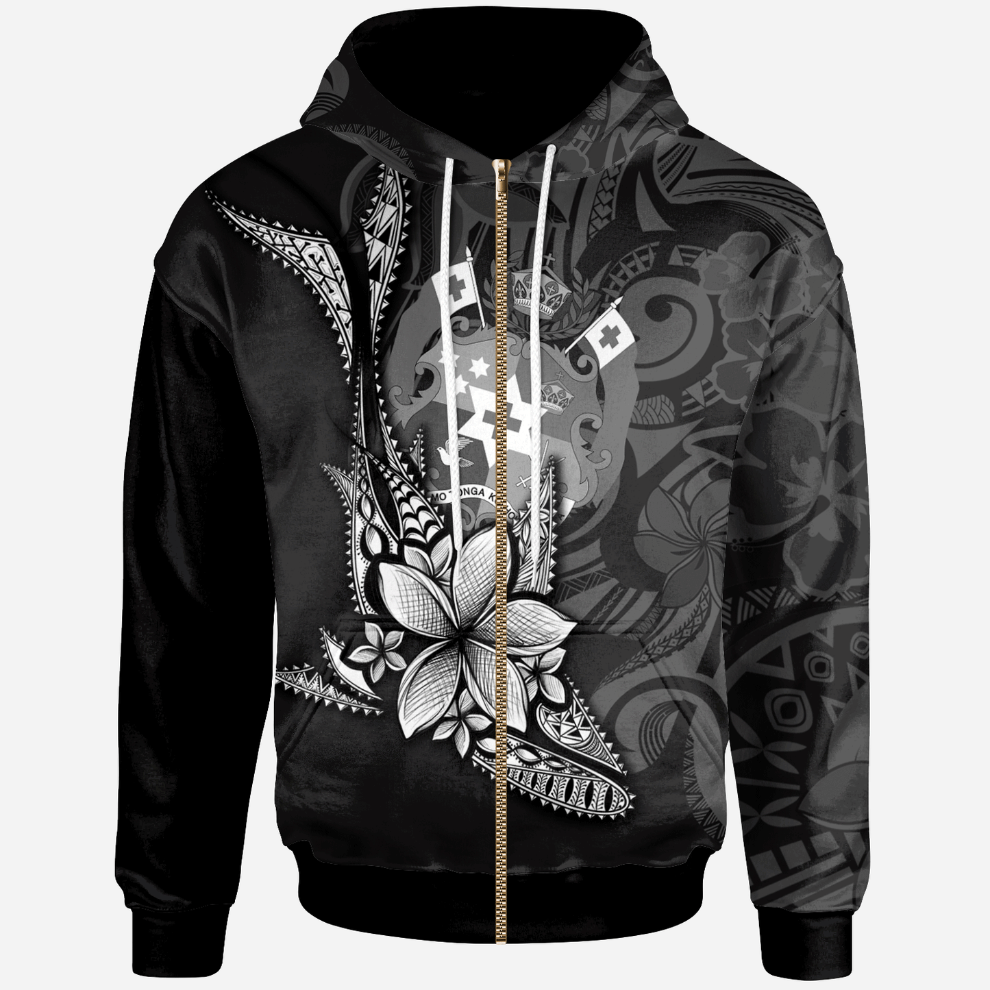 Tonga Zip Hoodie Fish With Plumeria Flowers Style Black Hoodie