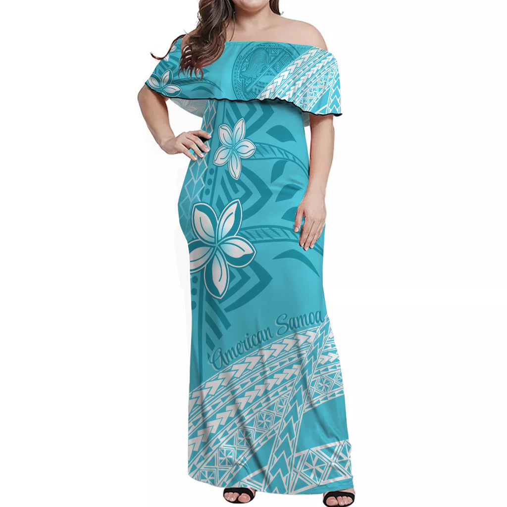 American Samoa Floral Design Off Shoulder Long Dress Plumeria Turquoise
