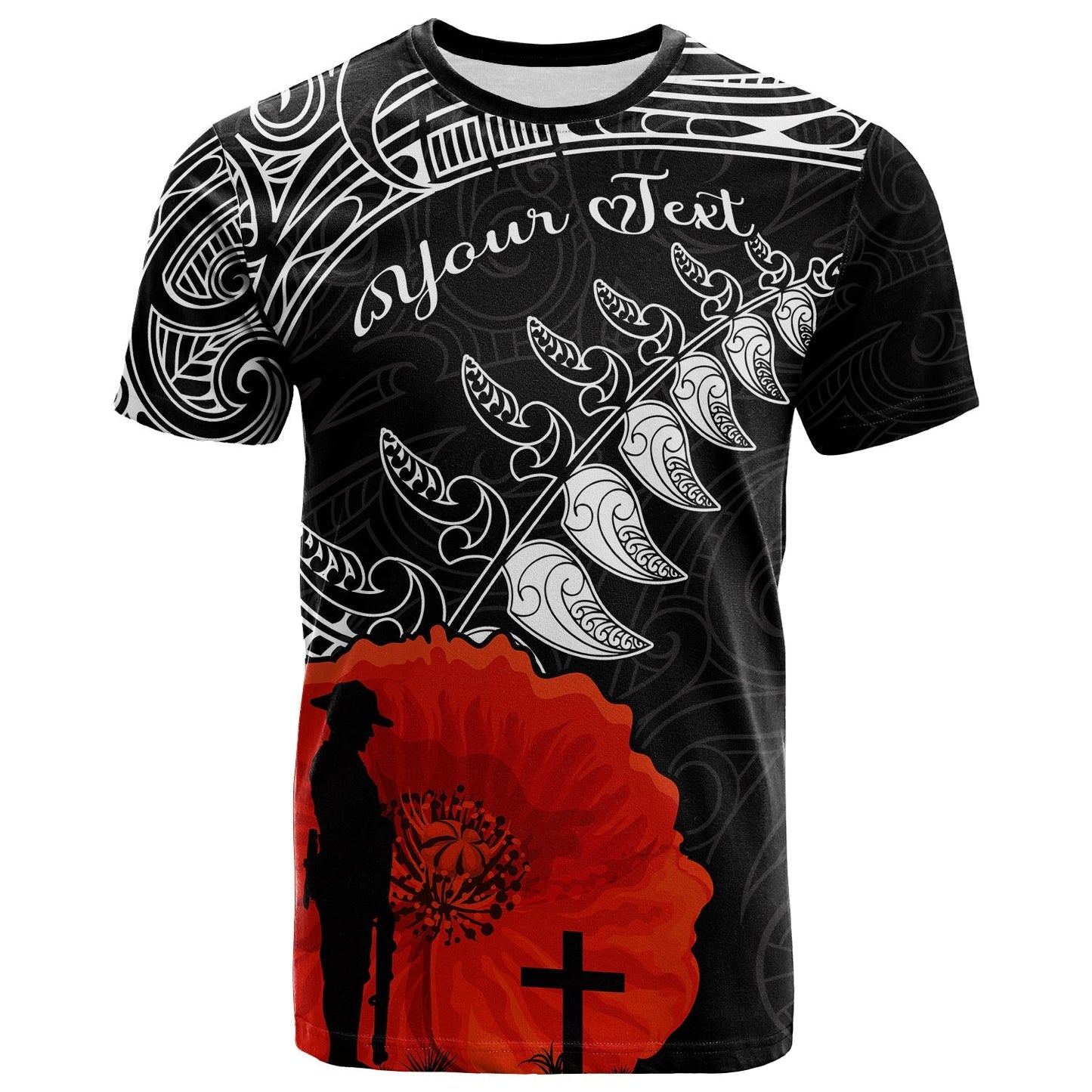 Custom Personalised New Zealand Anzac 2022 T Shirt Maori Mix Fern Poppy
