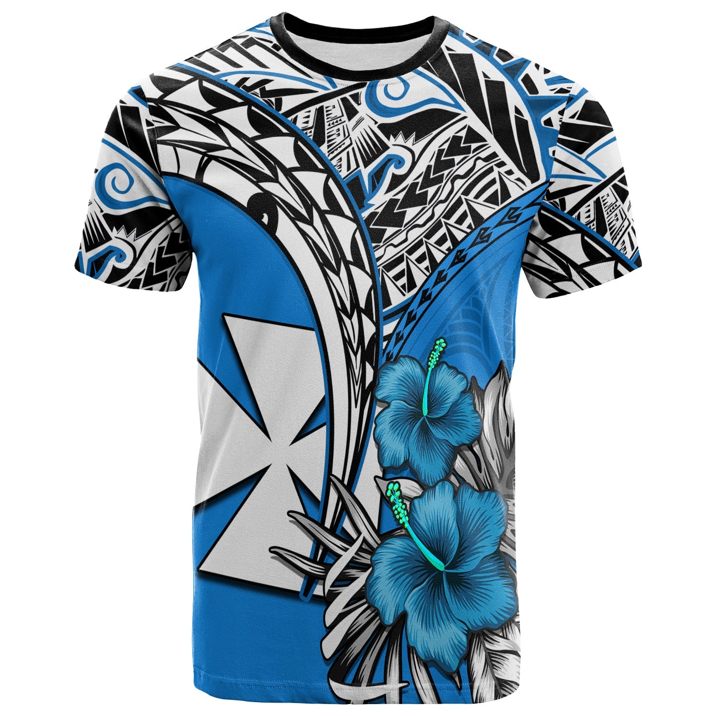 Wallis et Futuna T Shirt Polynesian Pattern and Hibiscus Flowers Version Blue