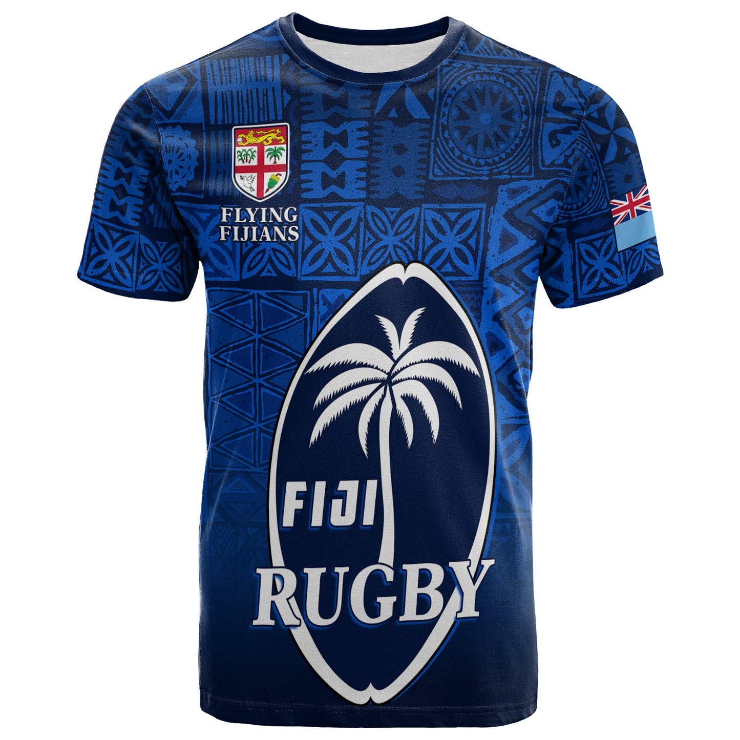 Fiji Rugby T Shirt Flying Fijians Blue Tapa Pattern