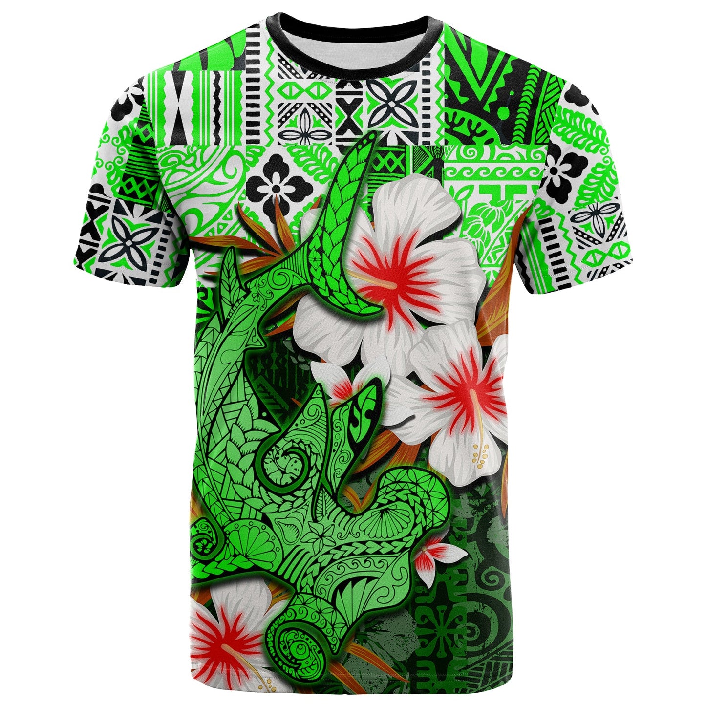(Custom Personalised) Hammerhead shark T Shirt Hawaii Style Green