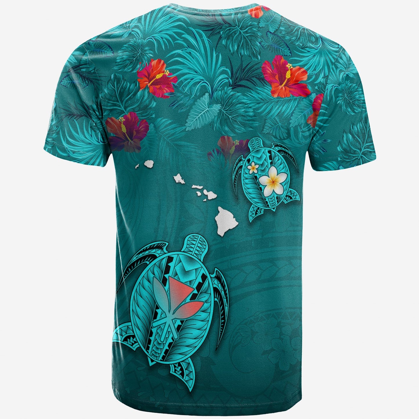 Hawaiian Islands T Shirt Hawaii Tropical Flowers and Turtles Turquoise