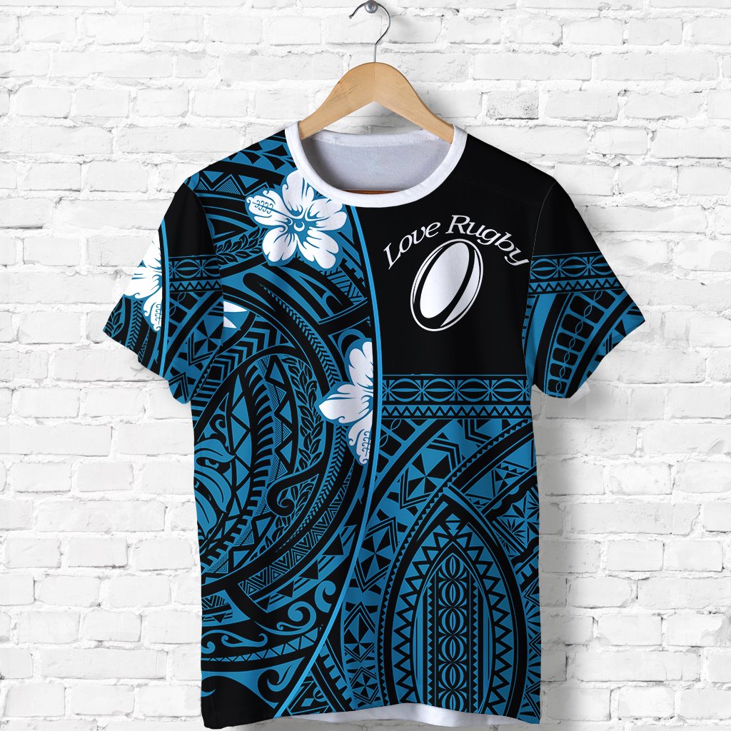 (Custom Personalised) Polynesian Rugby T Shirt Love Blue Custom Text and Number