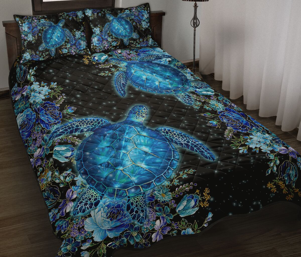 Hawaii Blue Turtle Flower Quilt Bed Set Sea Bling AH