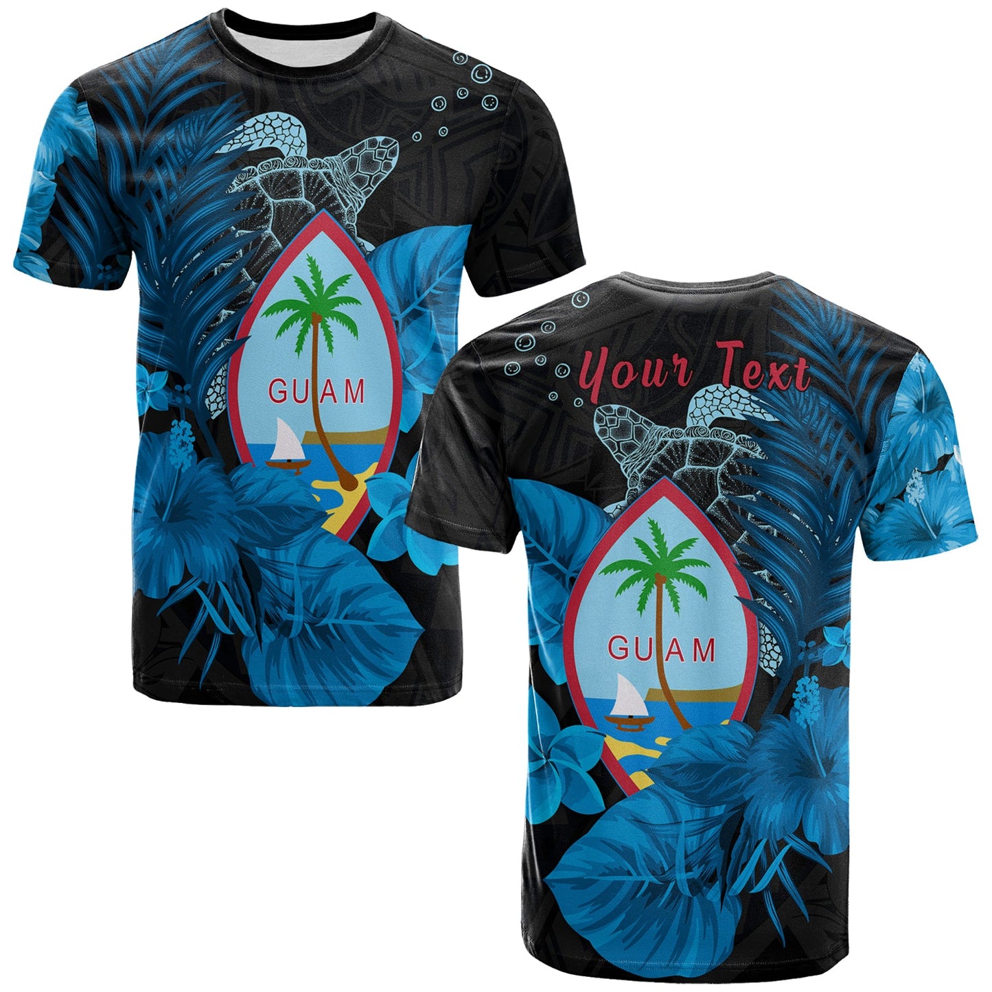 (Custom Personalised) Guam Seal T Shirt Polynesian Turtle with Flowers Version Blue