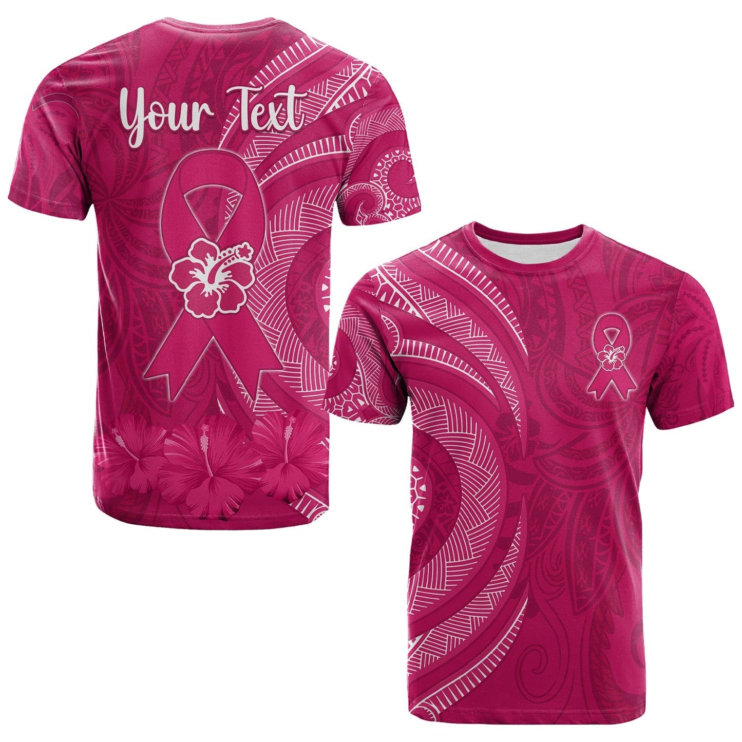 (Custom Personalised) Breast Cancer Awareness T Shirt Hibiscus Polynesian No One Fights Alone
