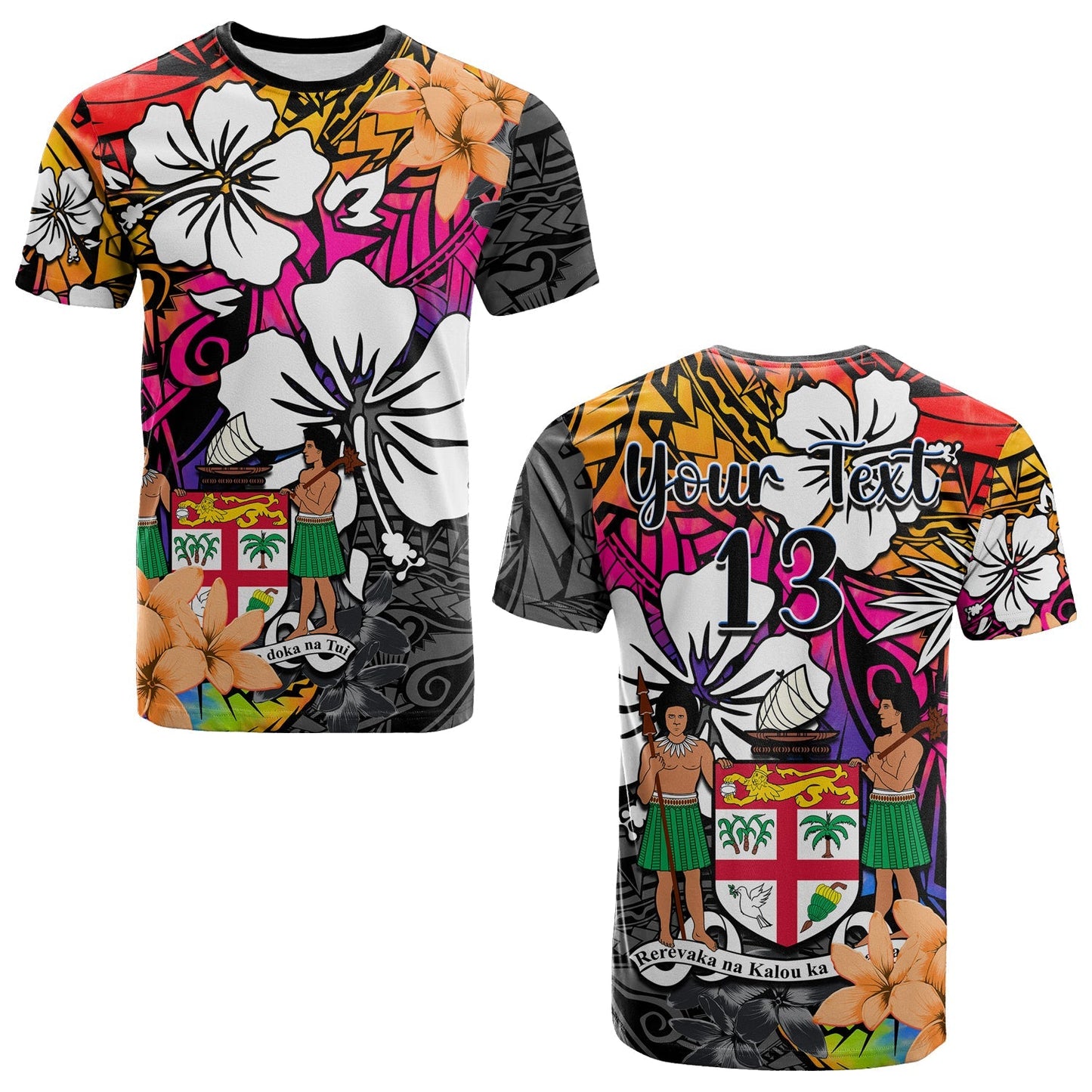 (Custom Text and Number) Fiji Tie Dye T Shirt Polynesian Tribal Creative Tropical Flowers