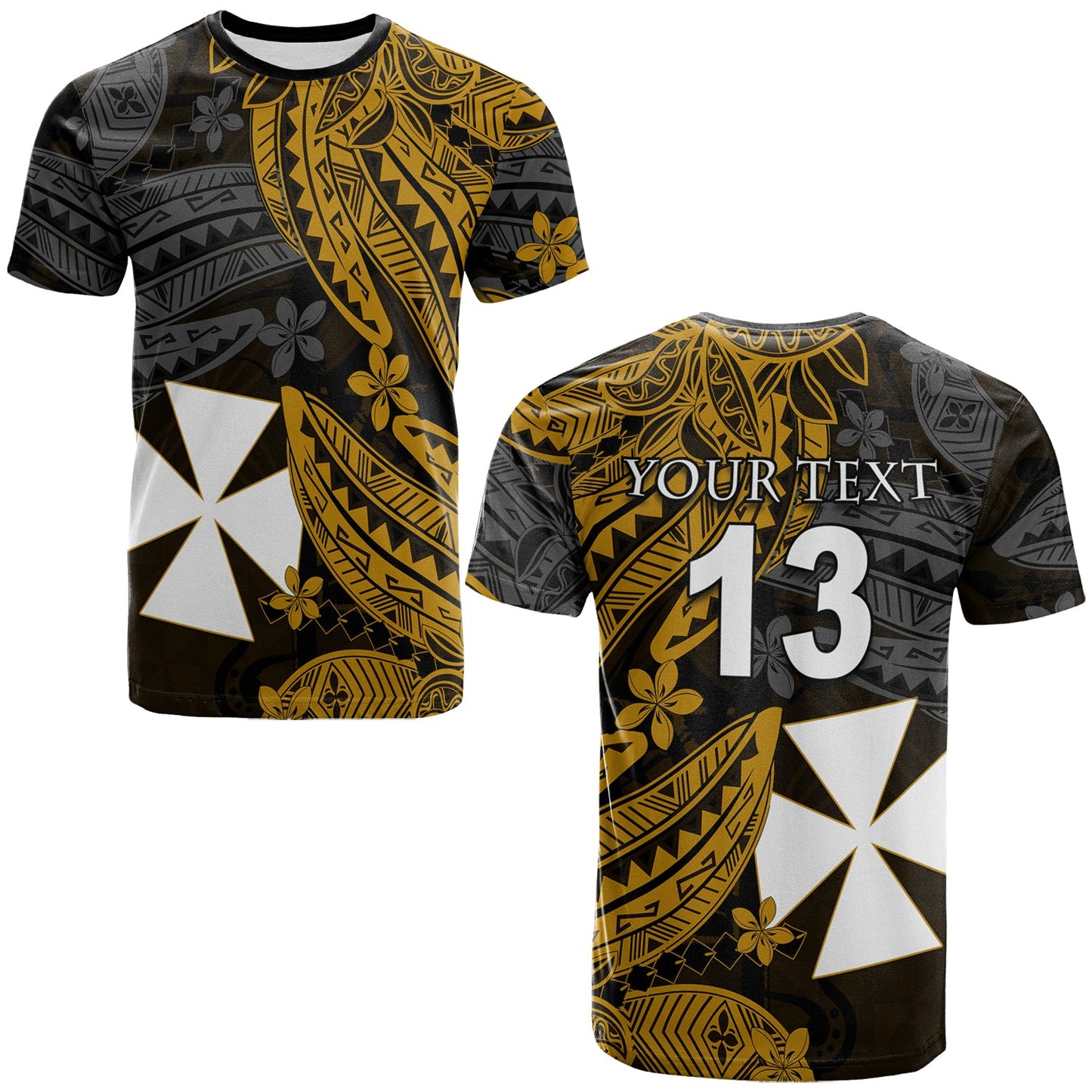 (Custom Text and Number) Wallis and Futuna T Shirt Enjoy Polynesian Flowers Version Gold