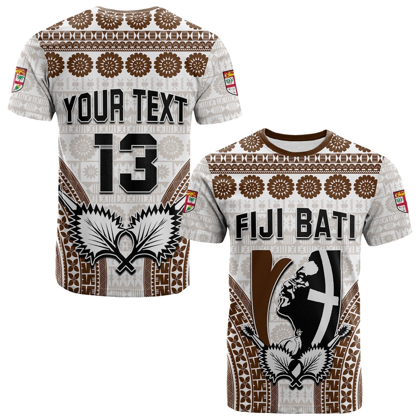 Custom Text and Number Fiji Rugby Bati T Shirt Proud Tapa Pattern