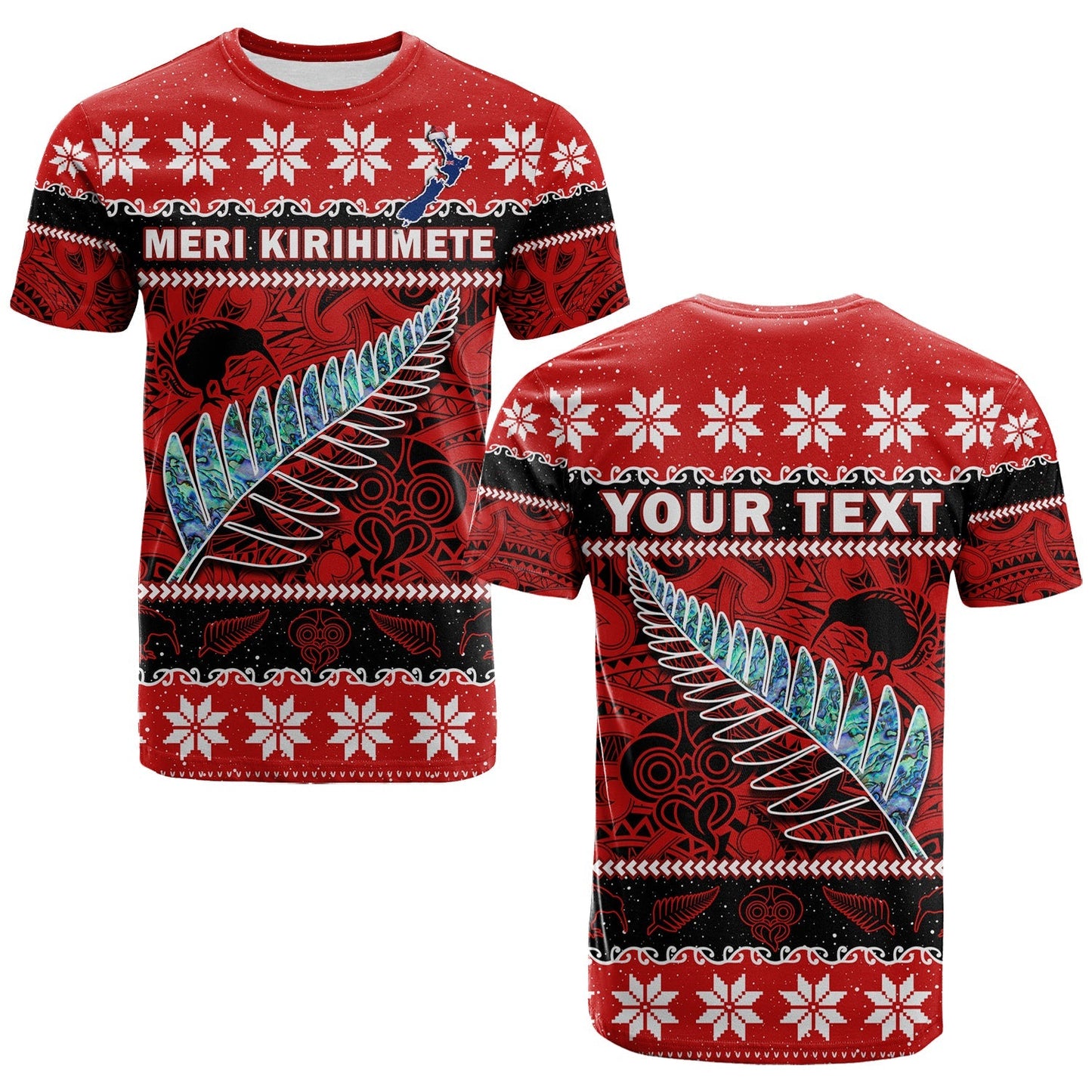 Custom Personalised New Zealand Christmas T Shirt Paua Shell Silver Fern Meri Kirihimete