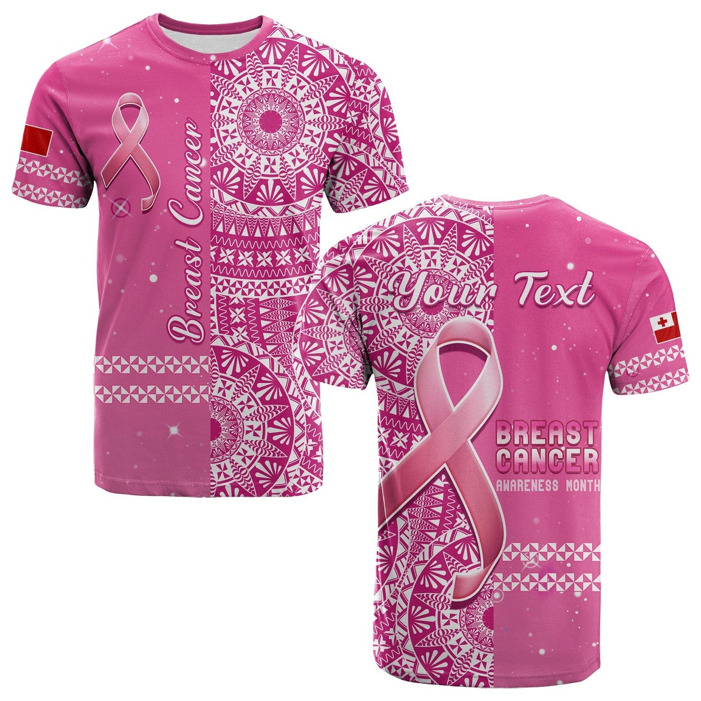 Custom Personalised Tonga Breast Cancer T Shirt Tongan Ngatu Pattern No One Fights Alone