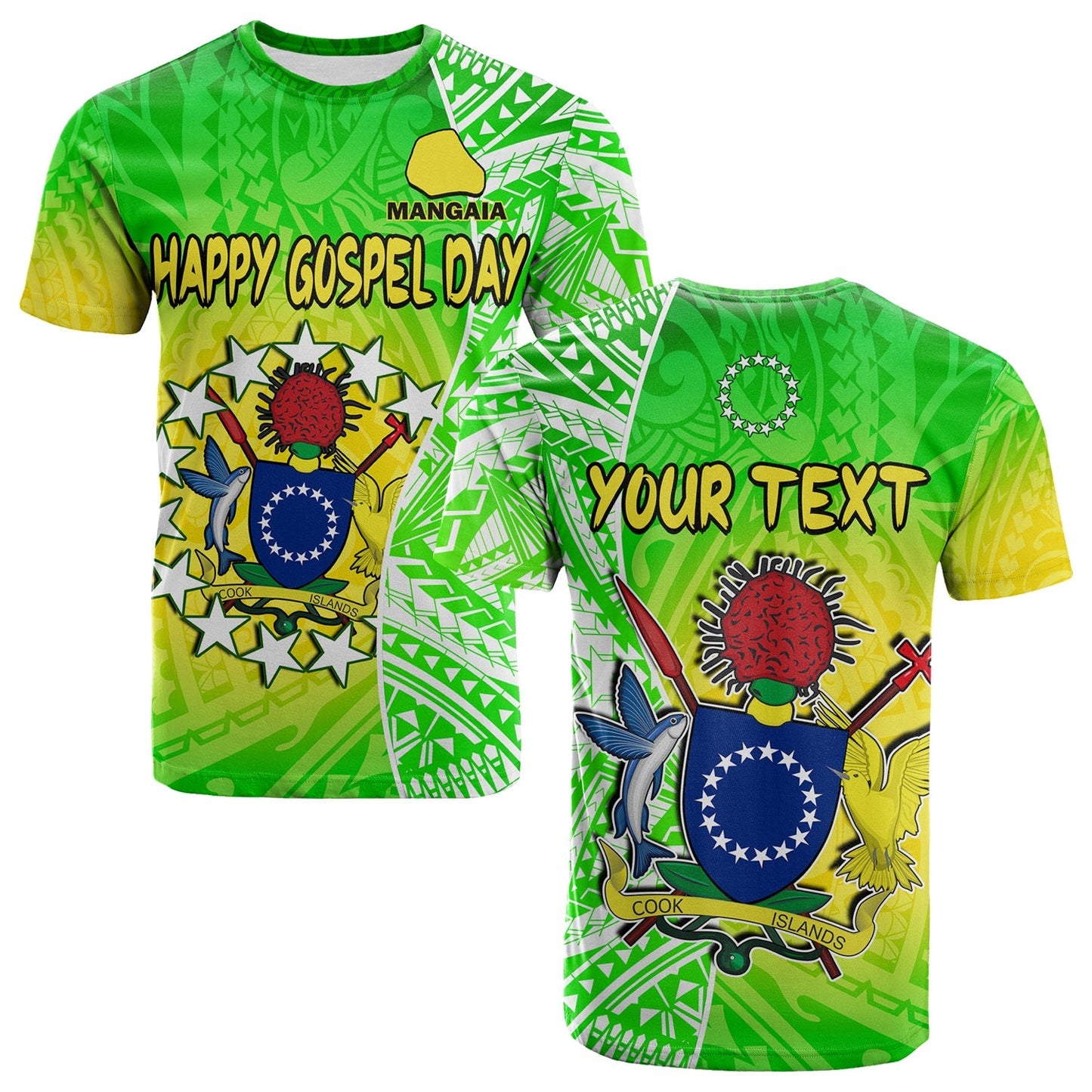 (Custom Personalised) Happy Mangaia Gospel Day T Shirt Cook Islands Coat Of Arms Polynesian Pattern