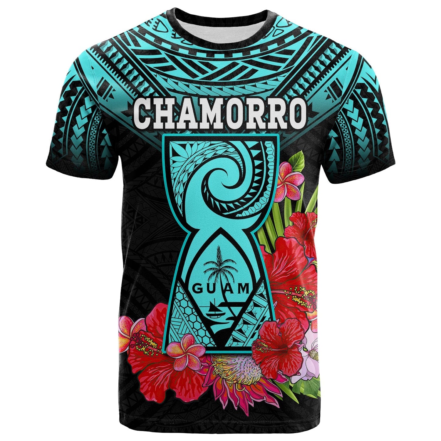 (Custom Personalised) Guam Chamorro T Shirt Guaman Latte Stone Tropical Flowers Turquoise Style