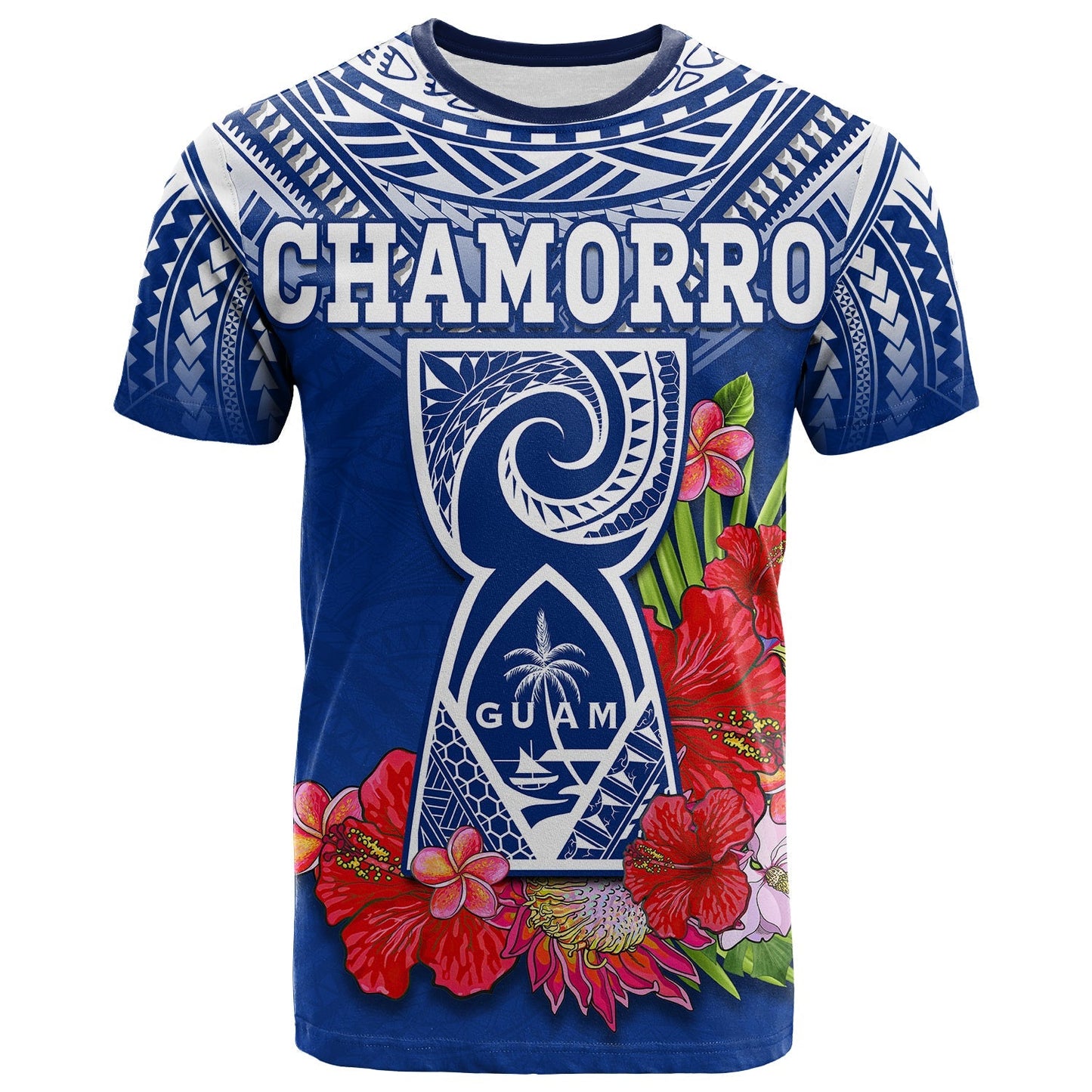 (Custom Personalised) Guam Chamorro T Shirt Guaman Latte Stone Tropical Flowers Blue Version