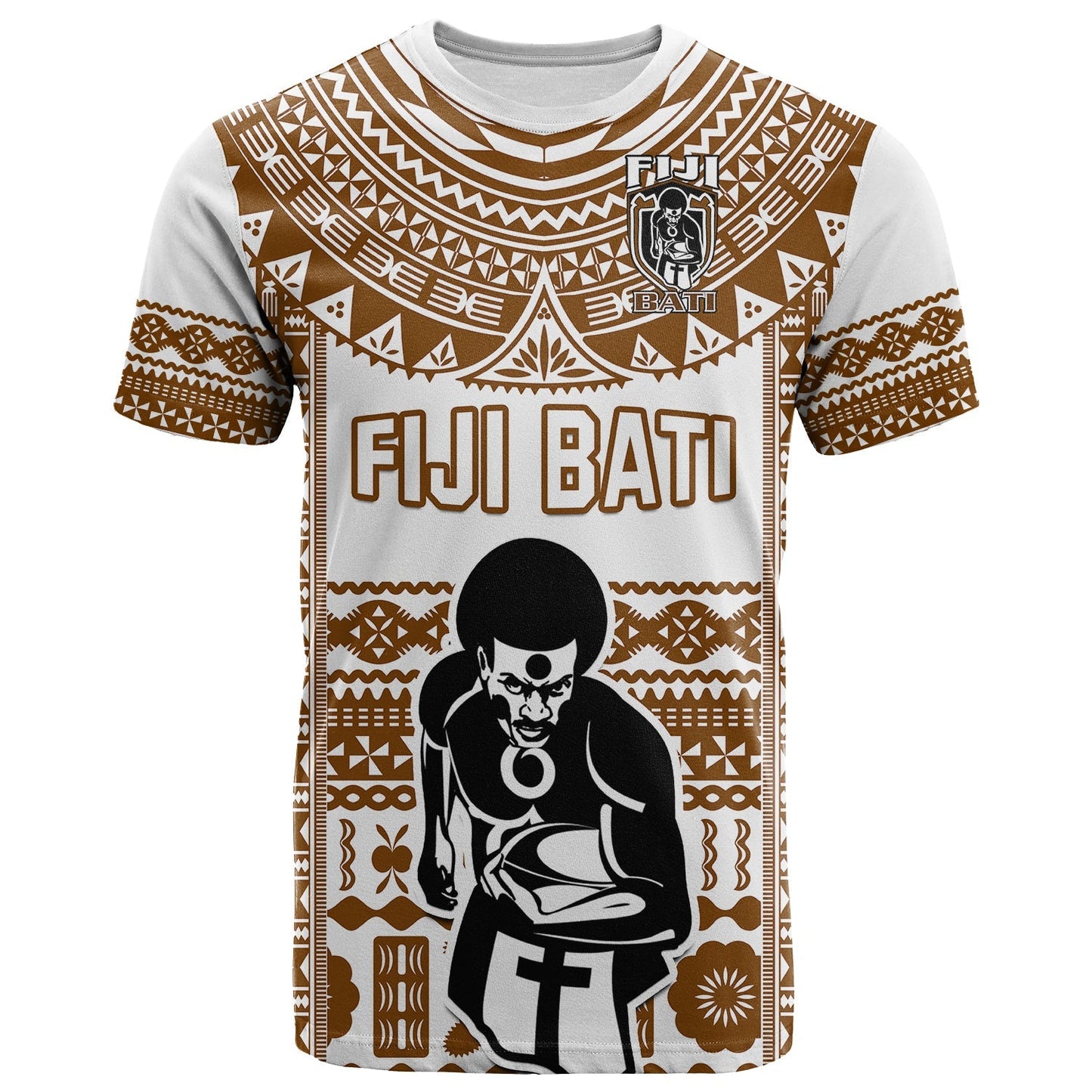 Custom Text And Number Fiji Rugby T Shirt Pacific The Bati Brown Fijian Tapa