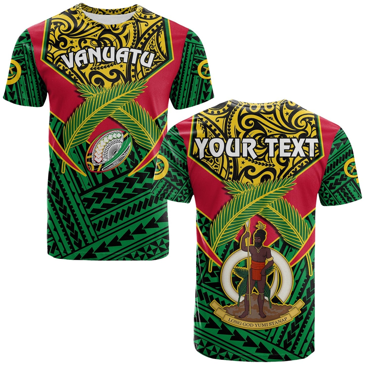 (Custom Personalised) Vanuatu Rugby T Shirt Coat Of Arms Polynesian Pattern