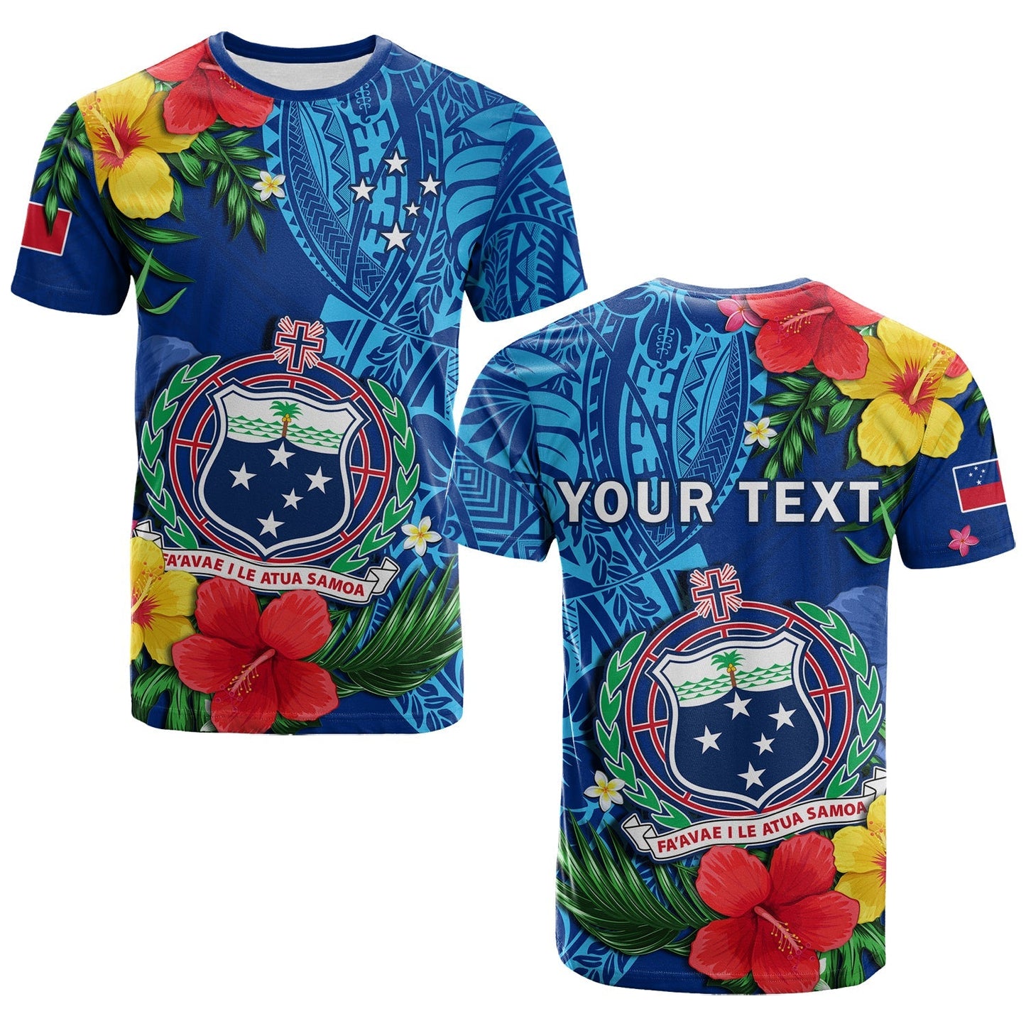 Custom Personalised Samoa T Shirt Coat Of Arms Mix Tropical Flowers