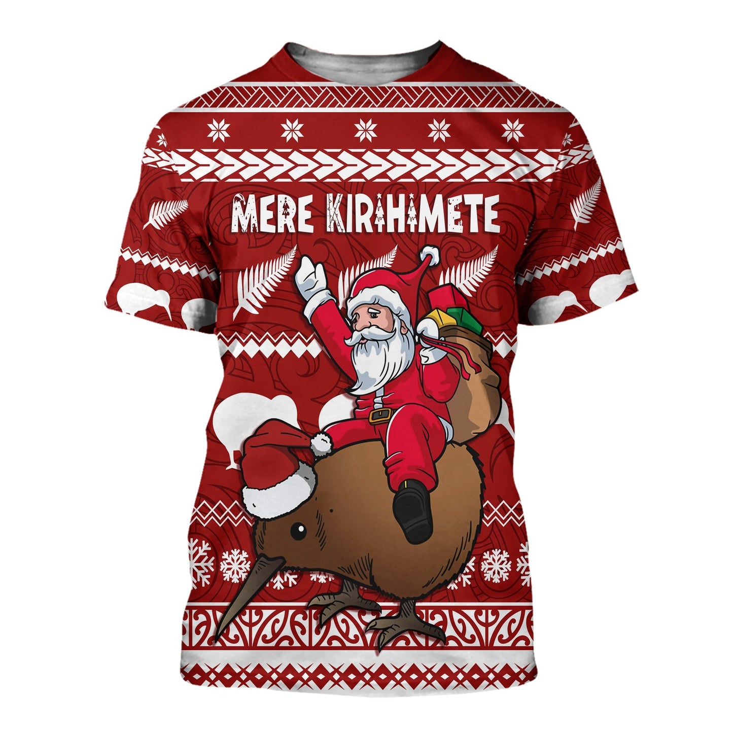 New Zealand Xmas T Shirt Mere Kirihimete - Santa With Kiwi Bird