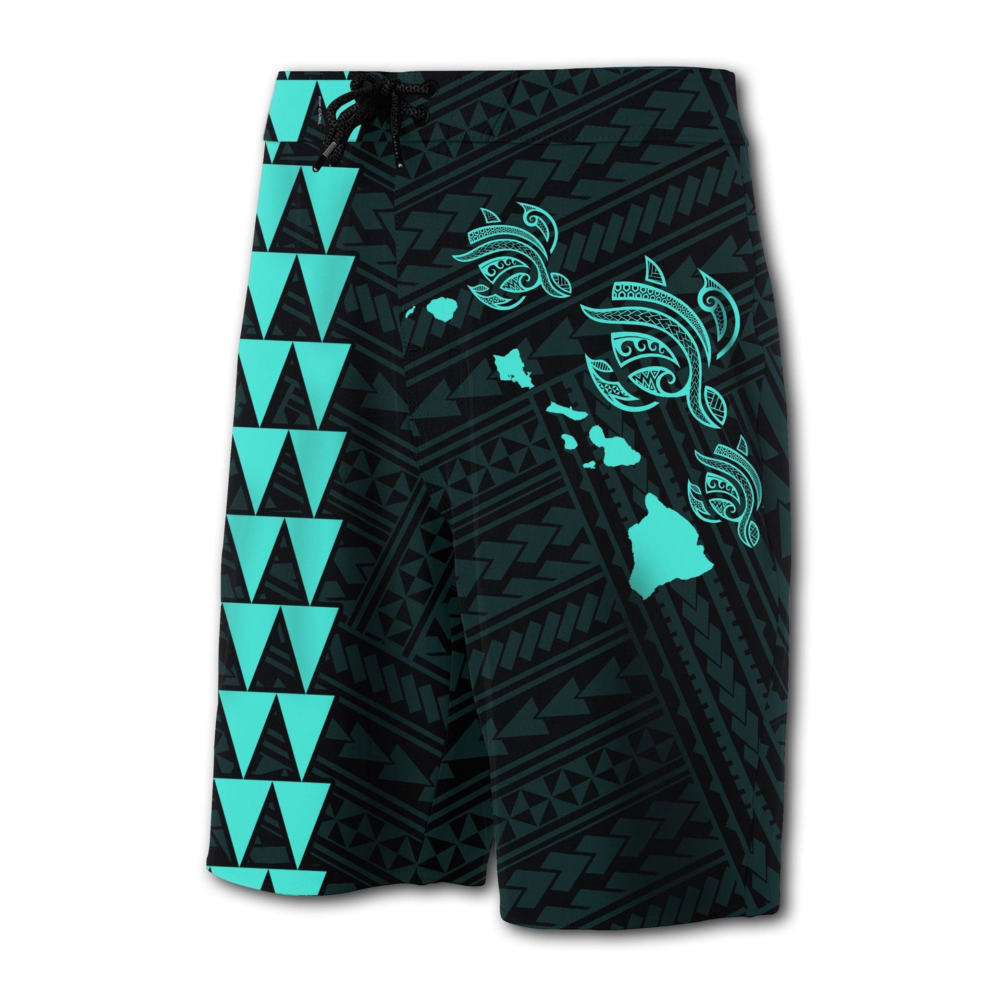 Hawaii Kakau Polynesian Three Turtles Map Board Shorts - Turquoise