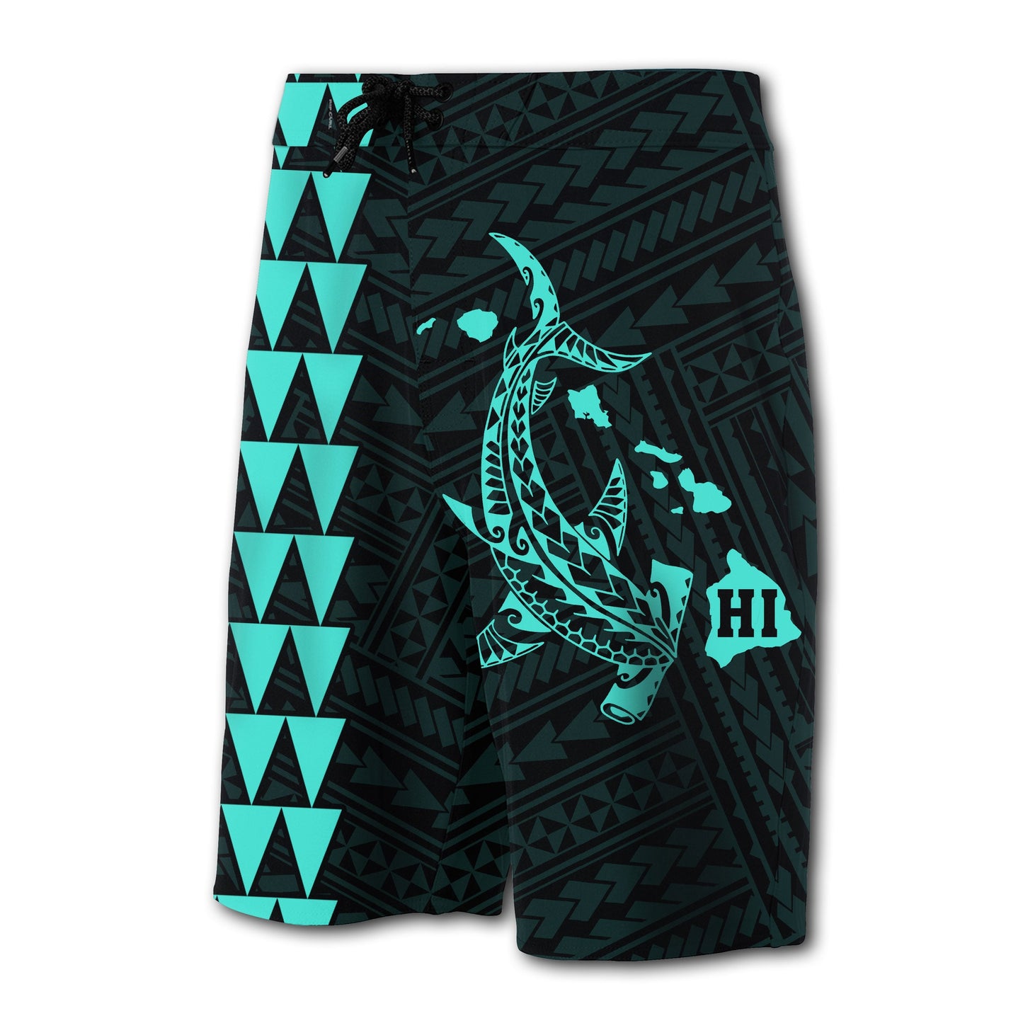 Hawaii Kakau Polynesian Hammerhead Shark Board Shorts - Turquoise
