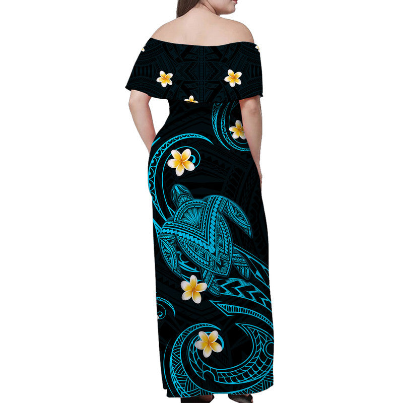 Hawaii Women Off Shoulder Long Dress Hawaiian Turtle Plumeria Mixed Polynesian Turquoise Style