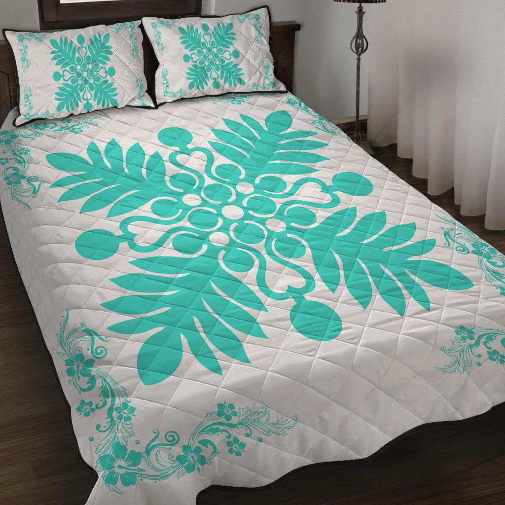 Hawaiian Quilt Maui Plant And Hibiscus Pattern Quilt Bed Set Turquoise White AH