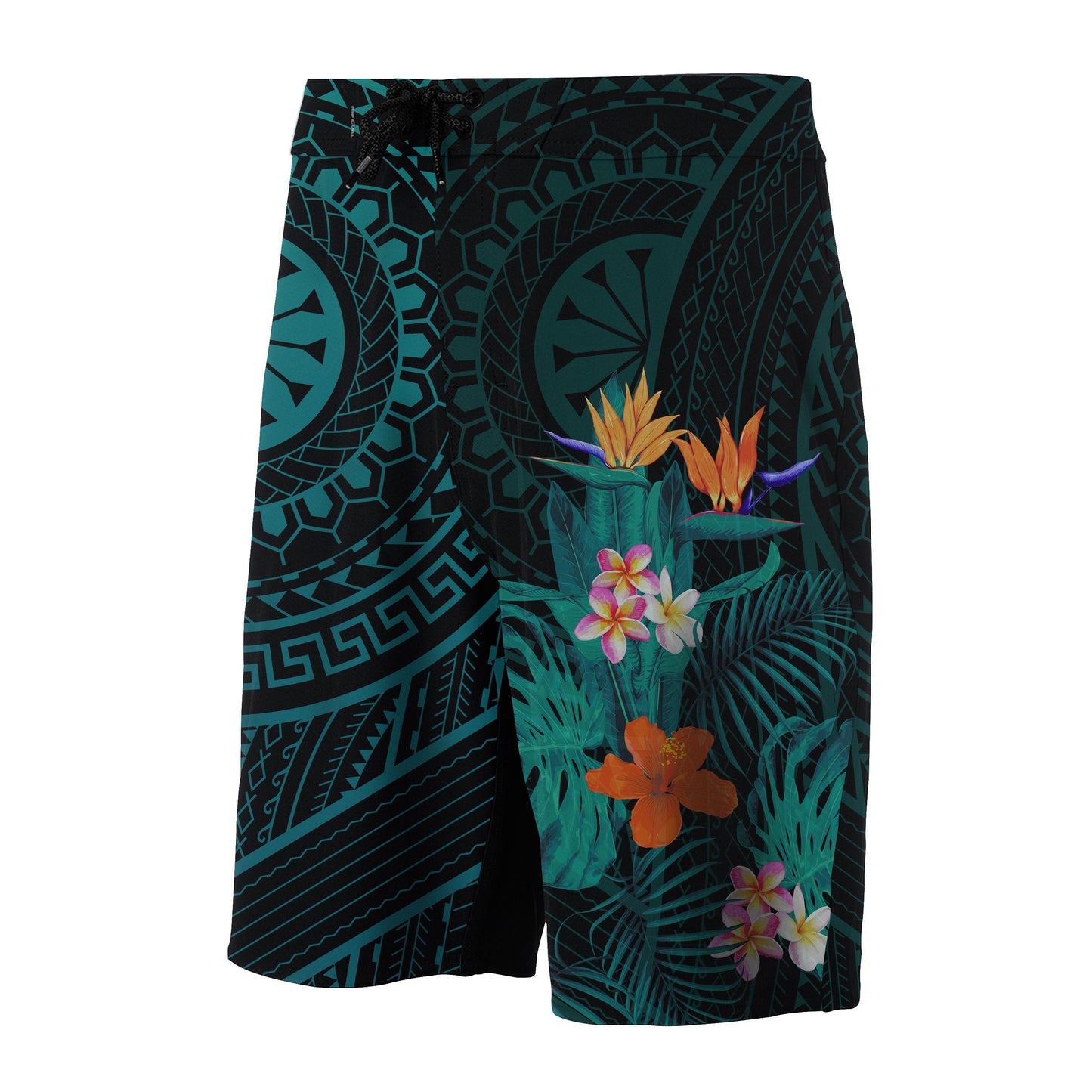 Hawaii Tropical Flowers Polynesian - Board Shorts - Turquoise - Haka Style
