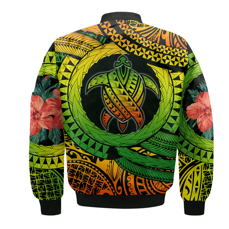 Polynesian Turtle Bomber Jacket Circle Turtle Hibiscus Reggae