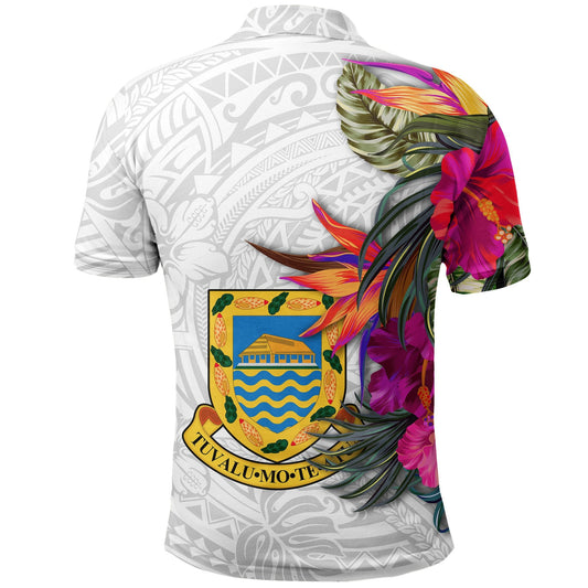 Tuvalu Polo Shirt Polynesian Hibiscus White Pattern