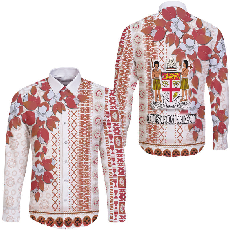 (Custom Personalised) Fiji Hawaii Long Sleeve Button Shirt Tagimoucia Mixed White Tapa Style