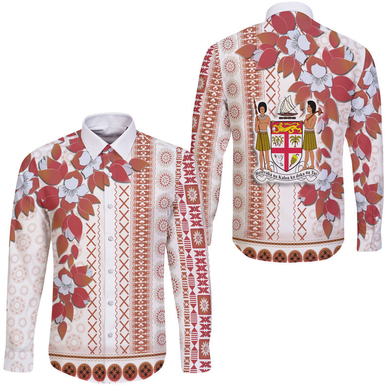 Fiji Hawaii Long Sleeve Button Shirt Tagimoucia Mixed White Tapa Style