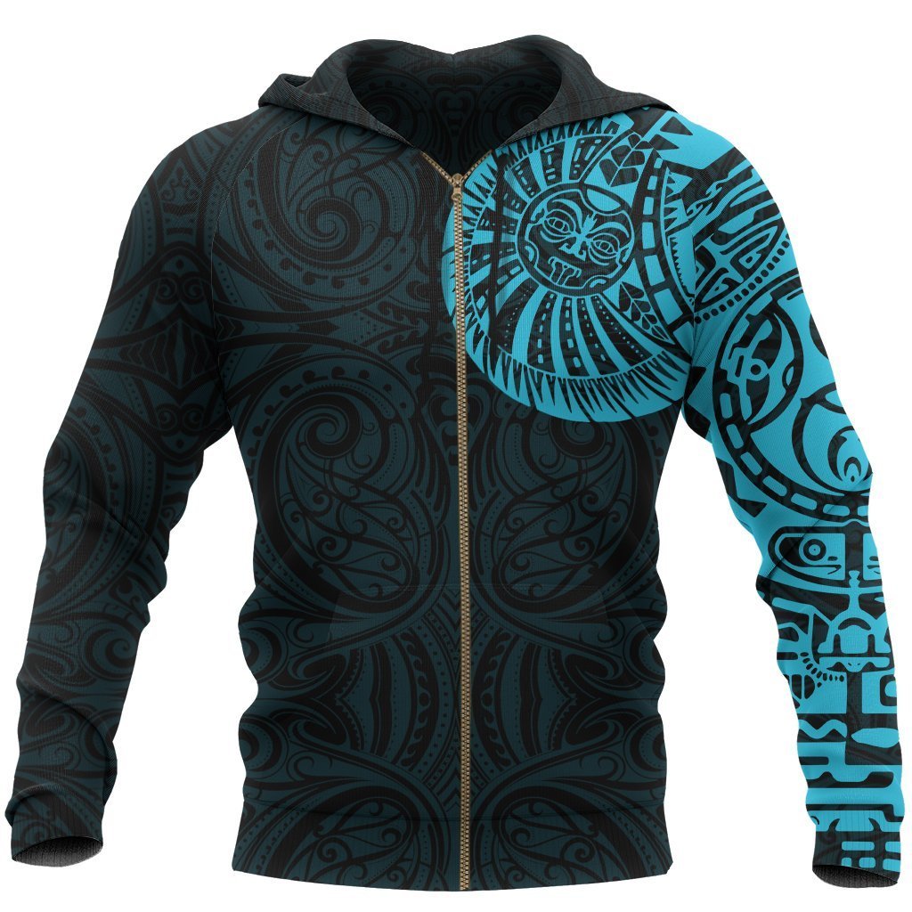 New Zealand Maori Zip Hoodie, Maori Warrior Tattoo Full Zip Hoodie Blue